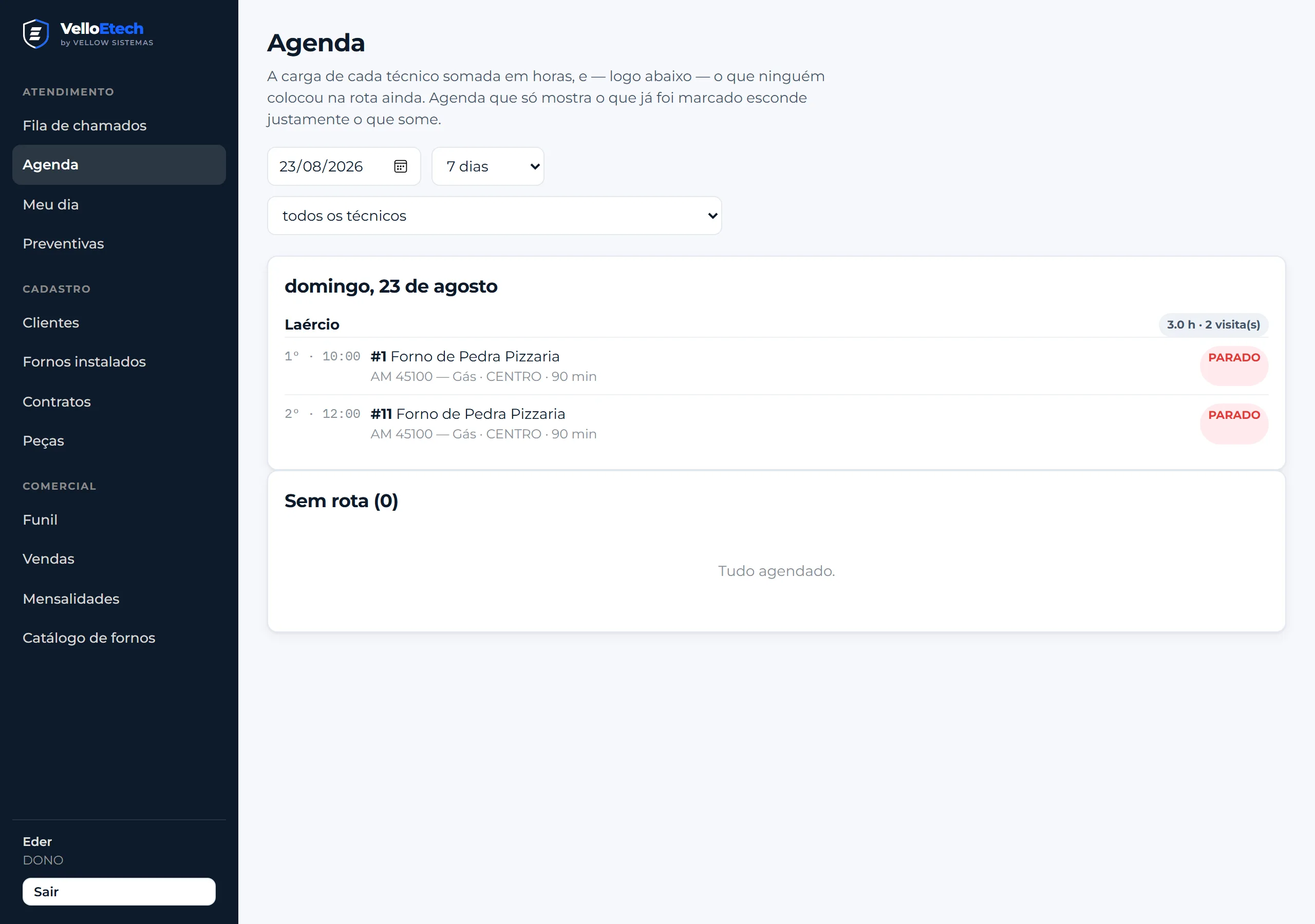 Agenda da semana por técnico, com a lista de chamados sem rota