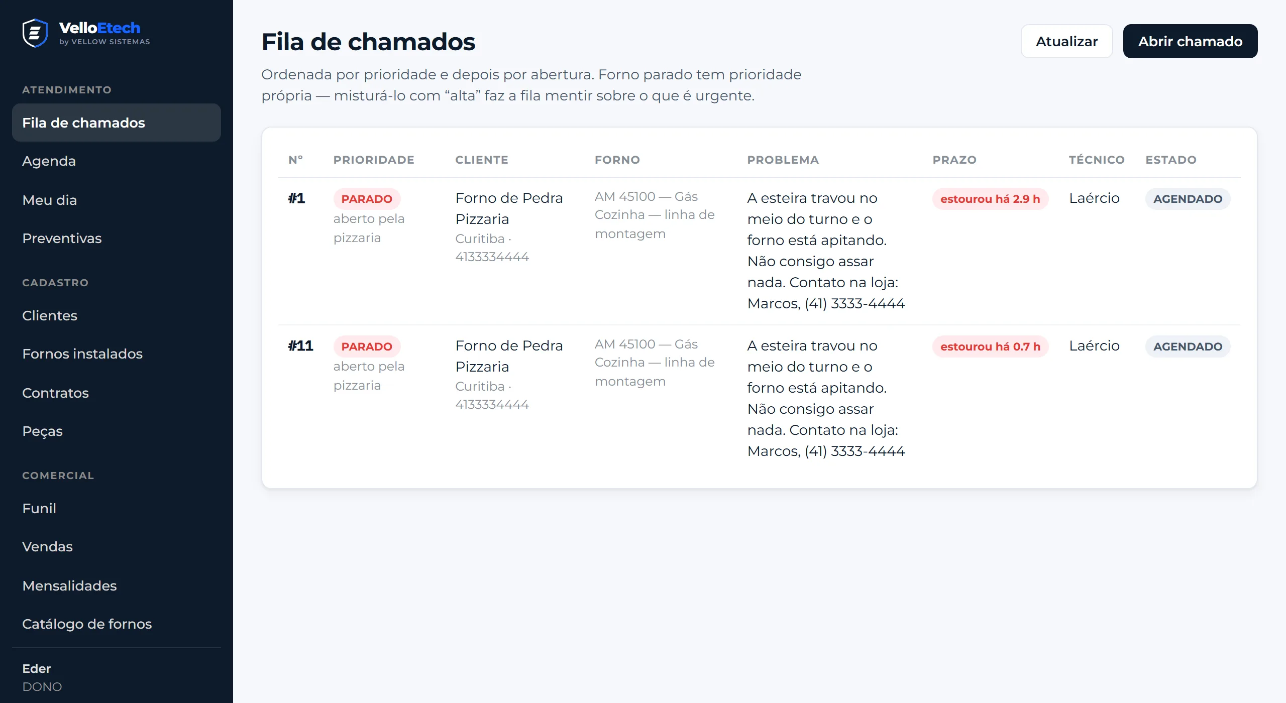 Fila de chamados com prioridade e prazo